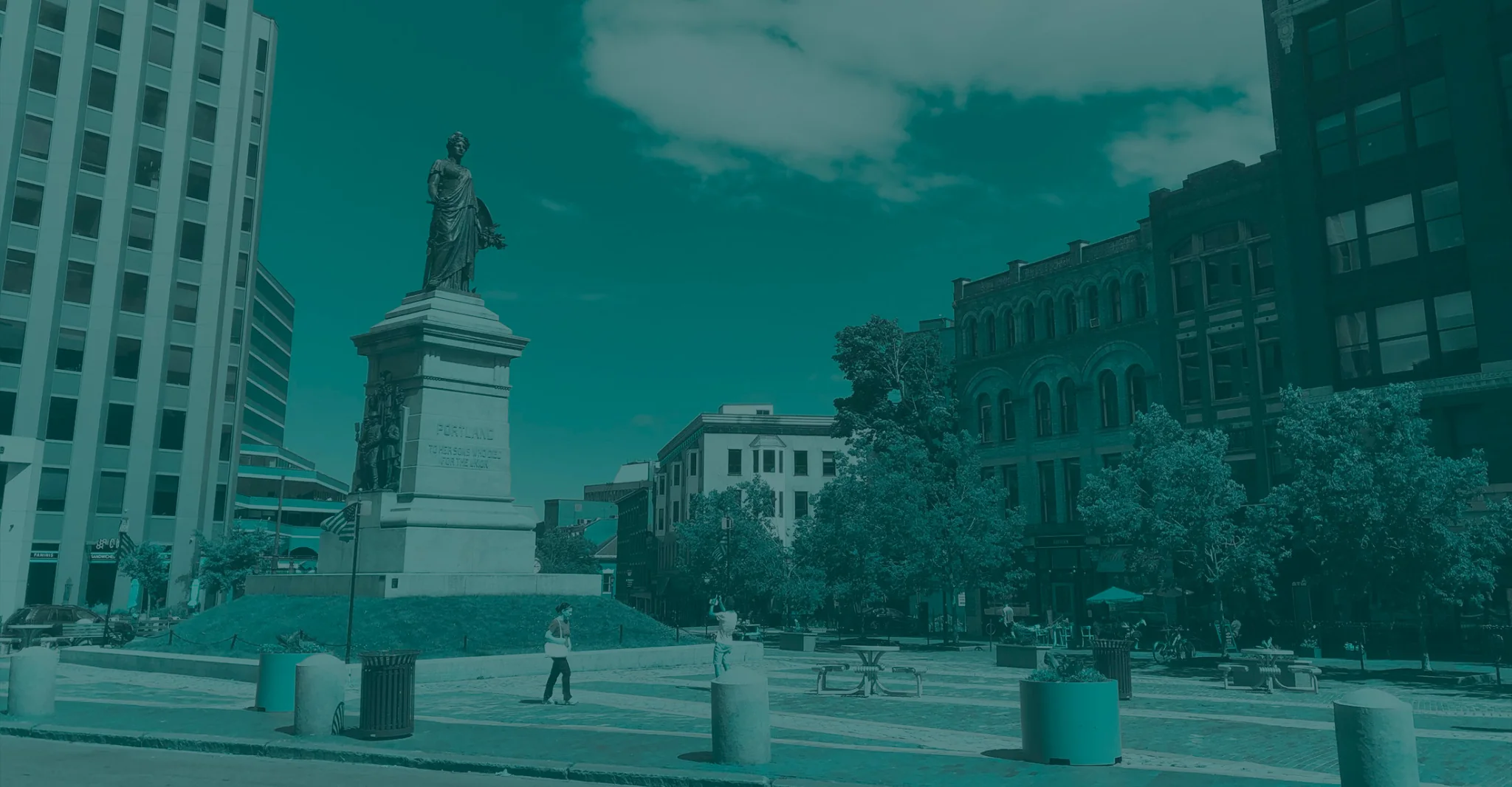 Monument Square in downtown Portland with historic architecture